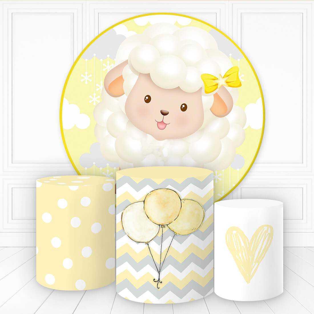 Aperturee Cute Sheep With Balloon Heart Round Backdrop Kit