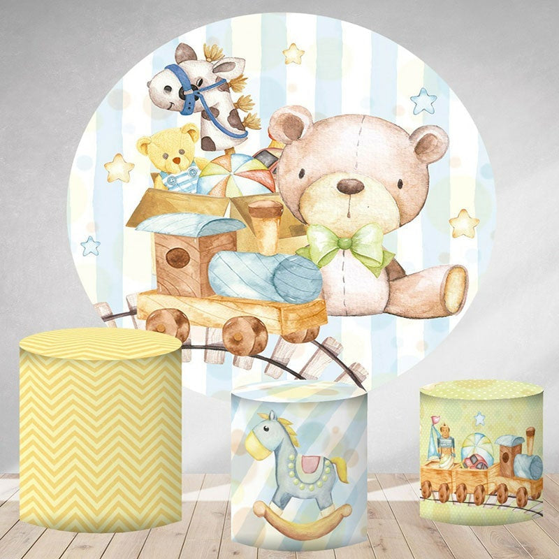 Aperturee Cute Teddy Bear Toy Round Boys Baby Shower Backdrop