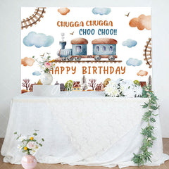 Aperturee - Cute Train House Clouds Trees Birthday Backdrop