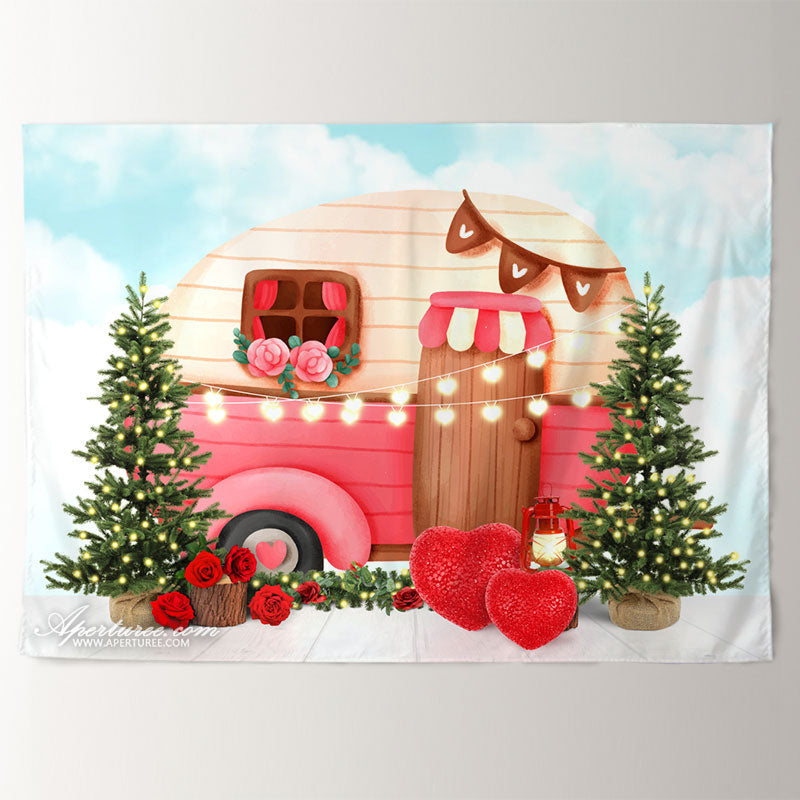 Aperturee - Cute Truck House With Heart Valentines Day Backdrop