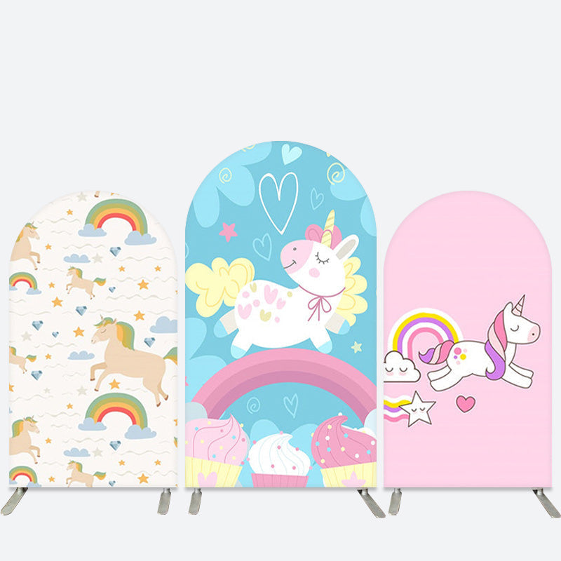 Aperturee Cute Unicorn Rainbow Dessert Girls Arch Backdrop Kit