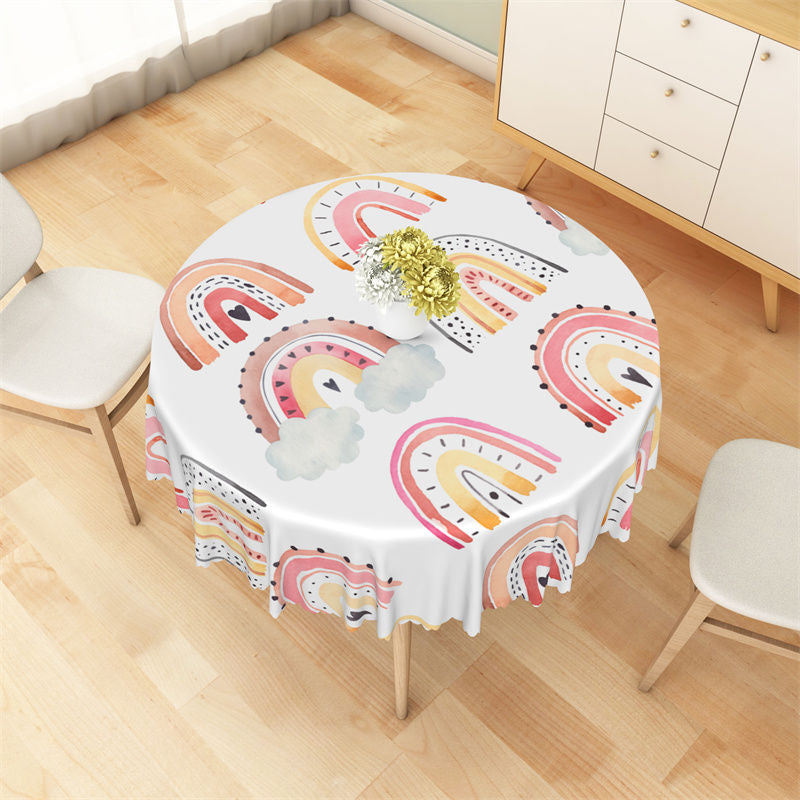 Aperturee - Cute White Pink Arch Rainbow Boho Round Tablecloth