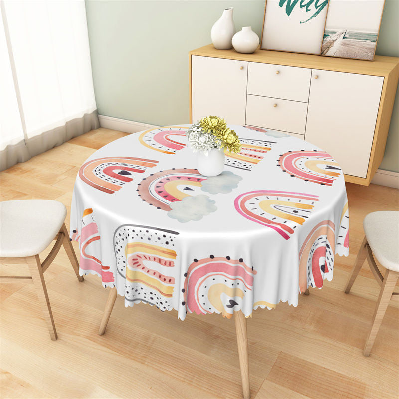 Aperturee - Cute White Pink Arch Rainbow Boho Round Tablecloth