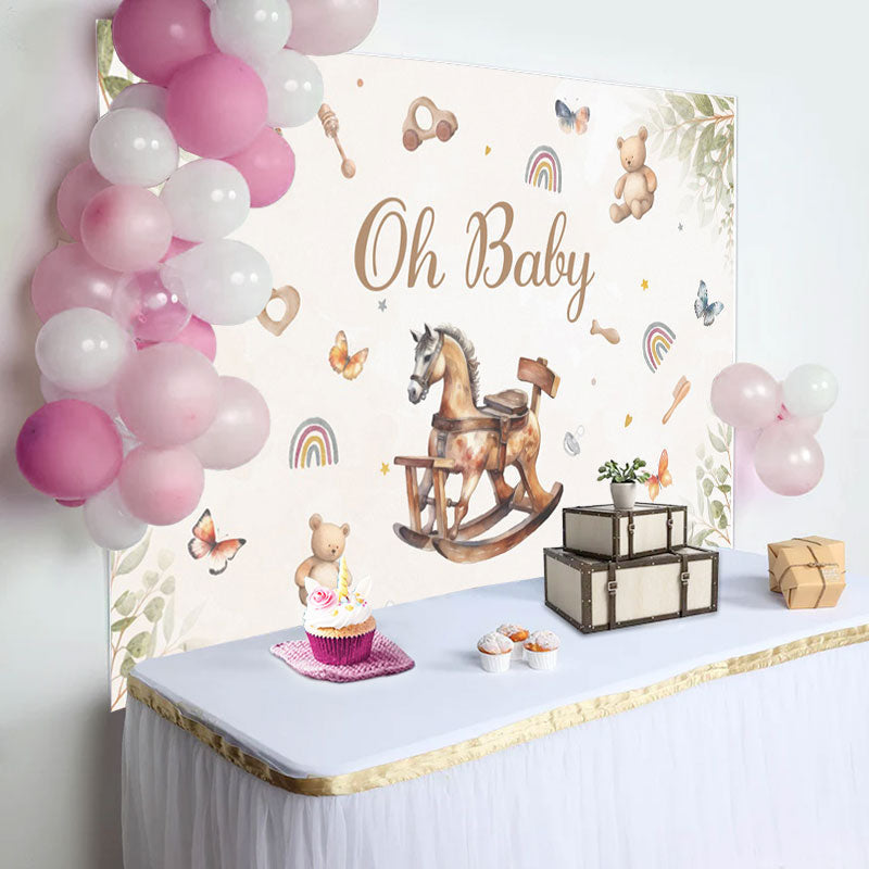 Aperturee - Cute Wood Horse Toys Leaves Baby Shower Backdrop