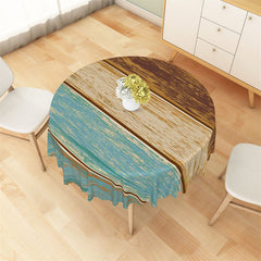 Aperturee - Cyan And Brown Oil Painting Wood Round Tablecloth