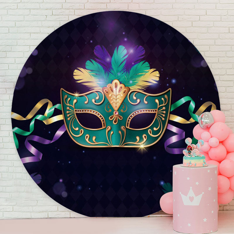 Aperturee - Cyan And Gold Mask Round Birthday Party Backdrop