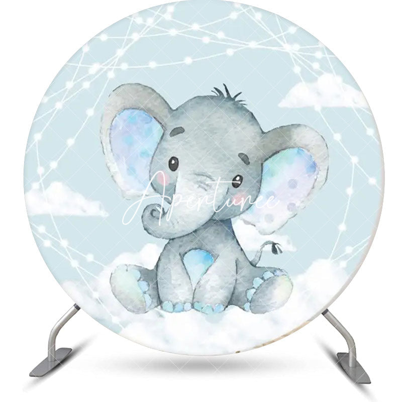 Aperturee - Cyan Blue Elephant Cloud Round Baby Shower Backdrop