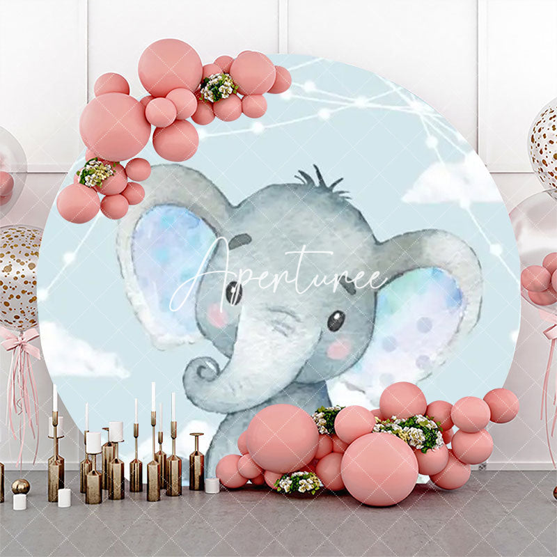 Aperturee - Cyan Blue Elephant Cloud Round Baby Shower Backdrop