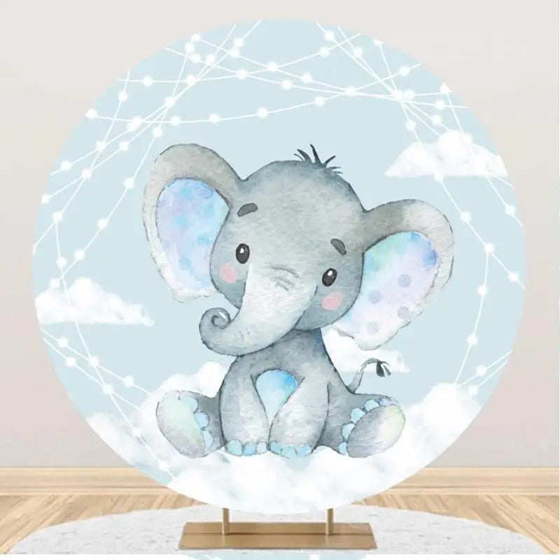 Aperturee - Cyan Blue Elephant Cloud Round Baby Shower Backdrop