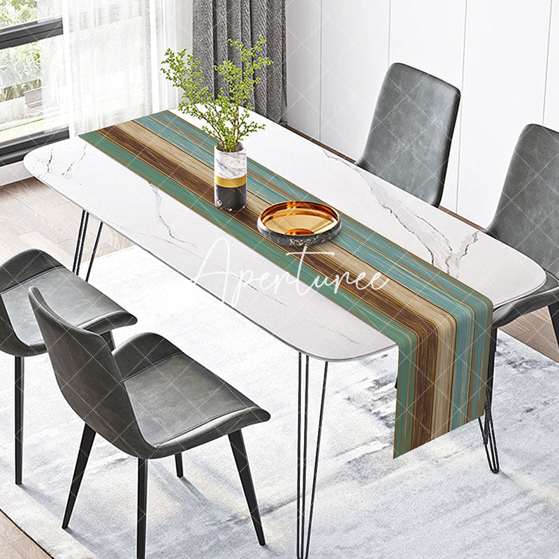 Aperturee - Cyan Brown Wood Texture Dining Cotton Table Runner