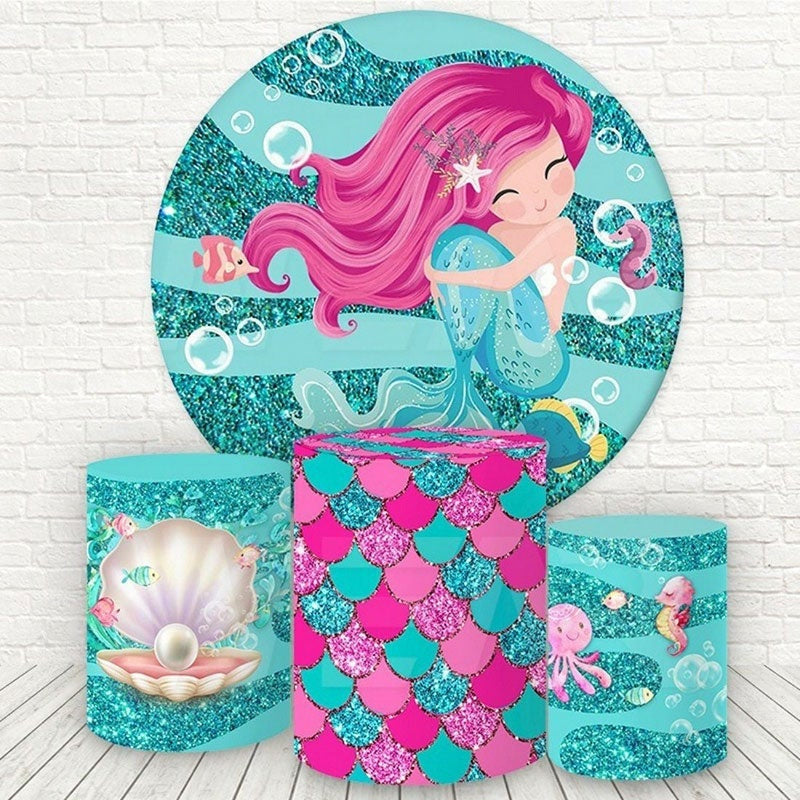 Aperturee Cyan Glitter Mermaid Round Birthday Party Backdrop Kit