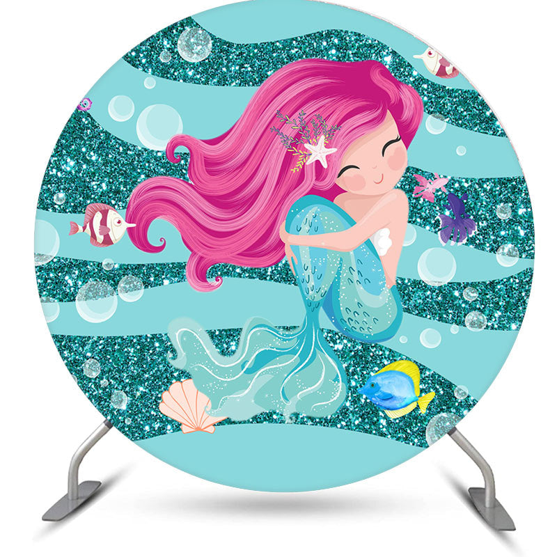 Aperturee - Cyan Glitter Mermaid Round Birthday Party Backdrop Kit