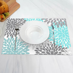 Aperturee - Cyan Grey Abstract Floral Modern Set Of 4 Placemats