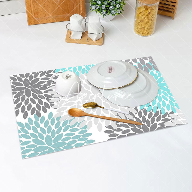 Aperturee - Cyan Grey Abstract Floral Modern Set Of 4 Placemats