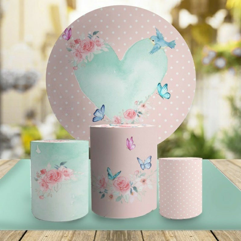 Aperturee Cyan Love Round Pink Floral Birthday Party Backdrop Kit