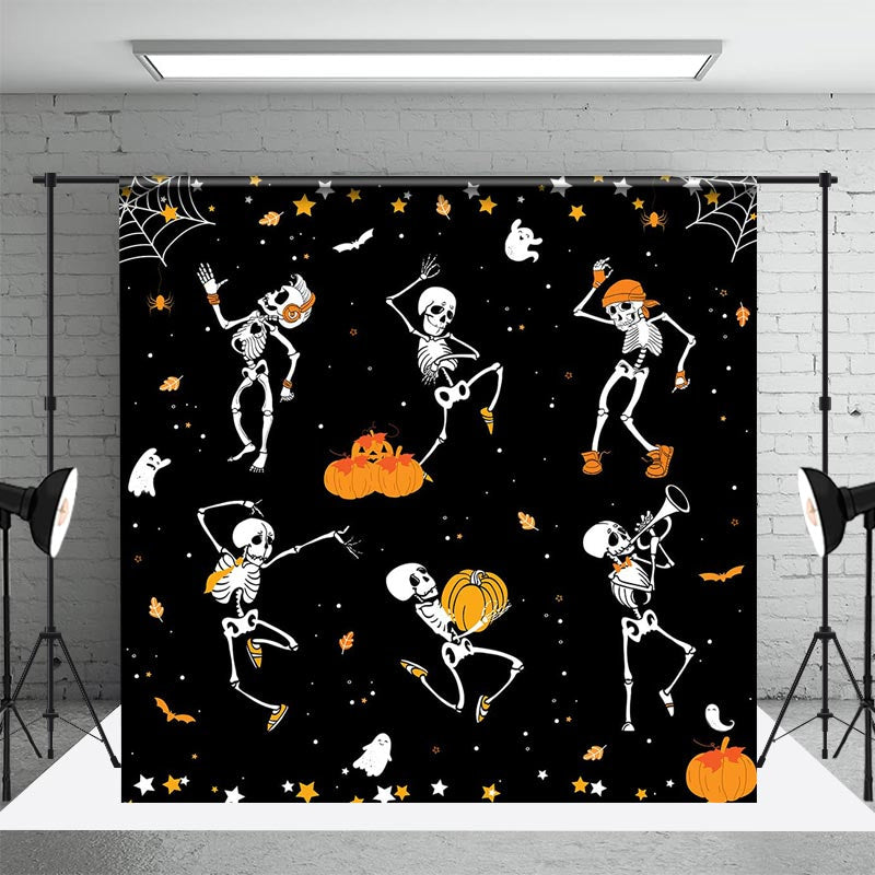 Aperturee - Dancing Skeleton Pumpkins Ghosts Halloween Backdrop