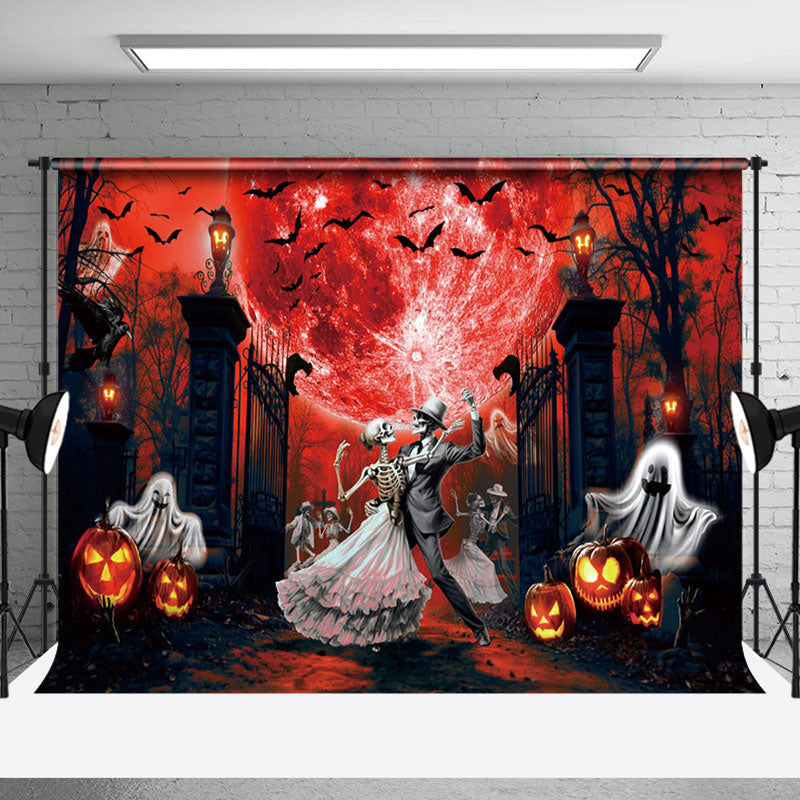 Aperturee - Dancing Skeleton Red Moon Light Horror Halloween Backdrop