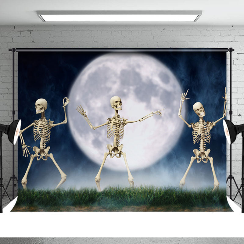 Aperturee - Dancing Skull With Moonlight Grass Halloween Backdrop