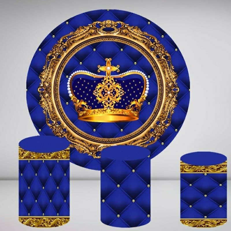 Aperturee Dark Blue And Gold Crown Round Birthday Backdrop Kit