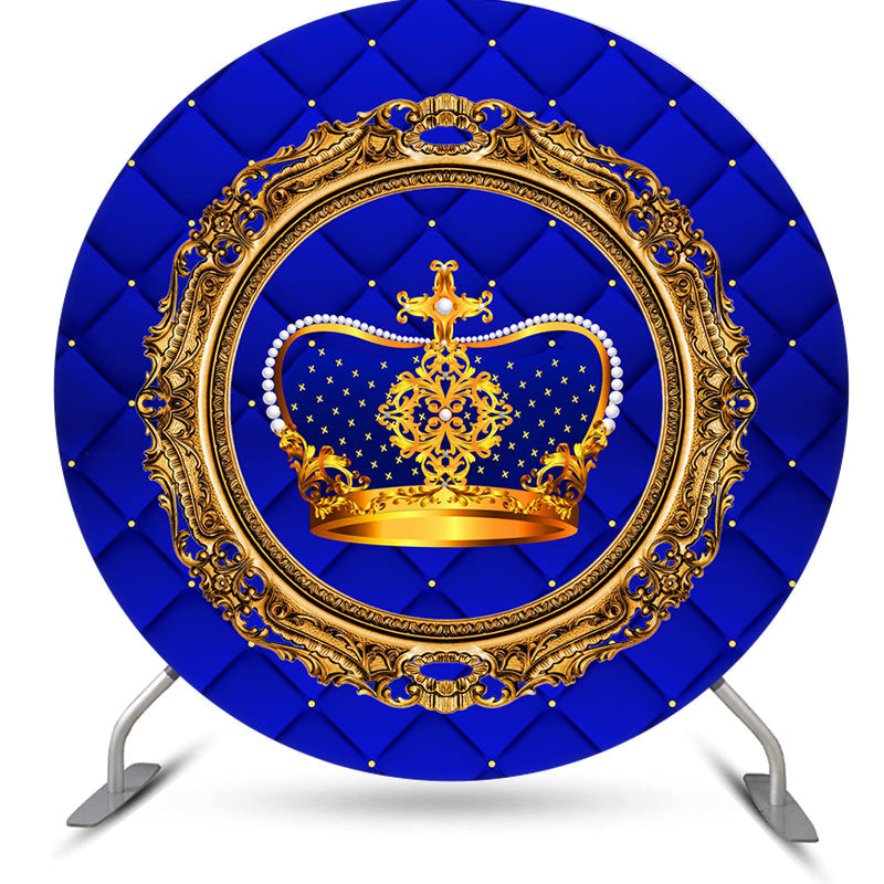 Aperturee - Dark Blue And Gold Crown Round Birthday Backdrop Kit