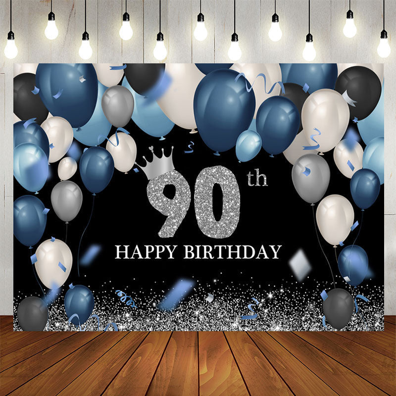 Aperturee - Dark Blue And White Silver Happy 90Th Birthday Backdrop