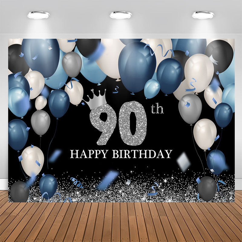 Aperturee - Dark Blue And White Silver Happy 90Th Birthday Backdrop