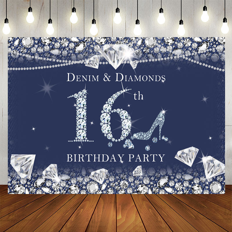 Aperturee - Dark Blue Denim and Diamonds 16Th Birthday Backdrop