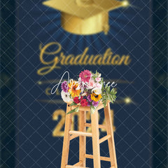 Aperturee - Dark Blue Gold Bachelor Cap Class 2024 Grad Backdrop