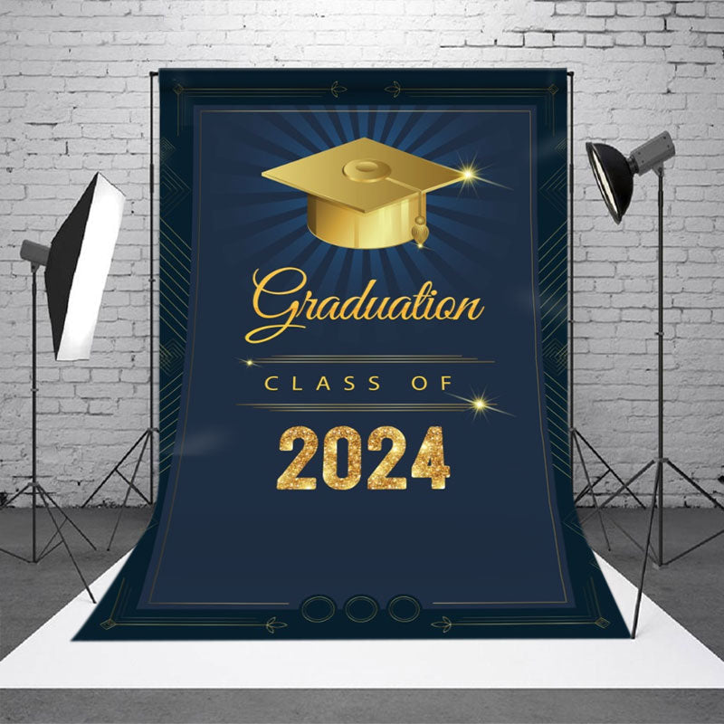 Aperturee - Dark Blue Gold Bachelor Cap Class 2024 Grad Backdrop