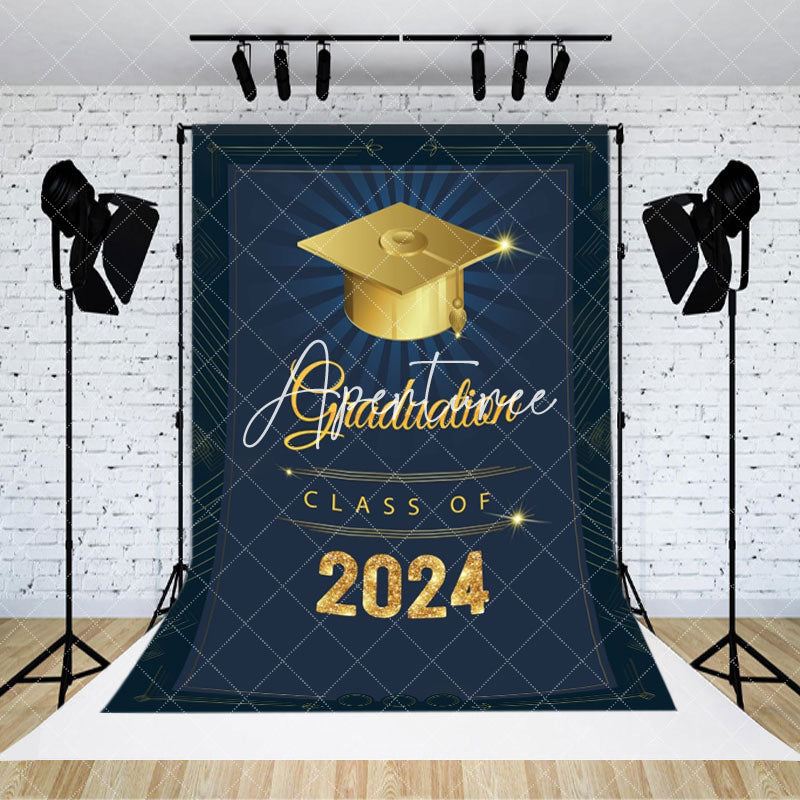 Aperturee - Dark Blue Gold Bachelor Cap Class 2024 Grad Backdrop