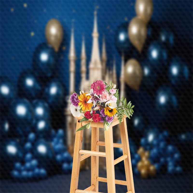 Aperturee - Dark Blue Gold Castle Birthday Cake Smash Backdrop