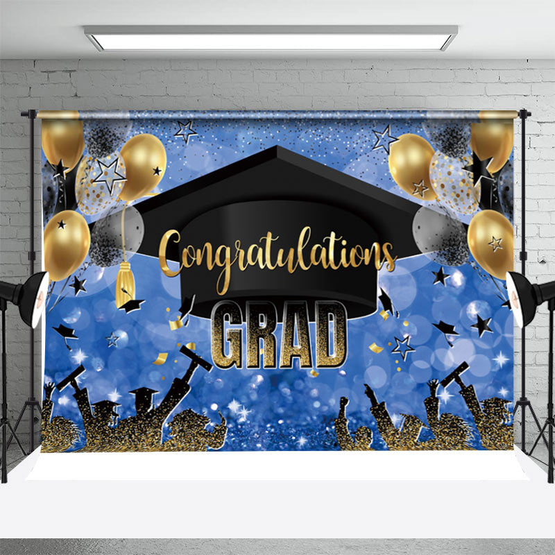 Aperturee - Dark Blue Hat Balloons Ribbon Graduation Backdrop