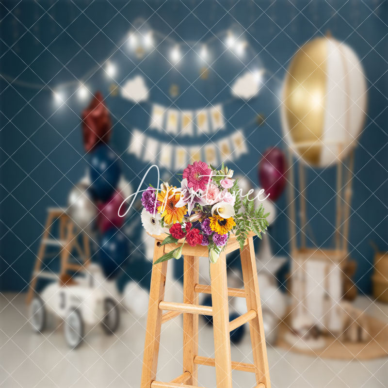 Aperturee - Dark Blue Hot Balloons Floor Cake Smash Backdrop