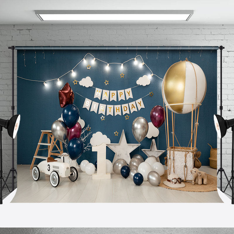 Aperturee - Dark Blue Hot Balloons Floor Cake Smash Backdrop