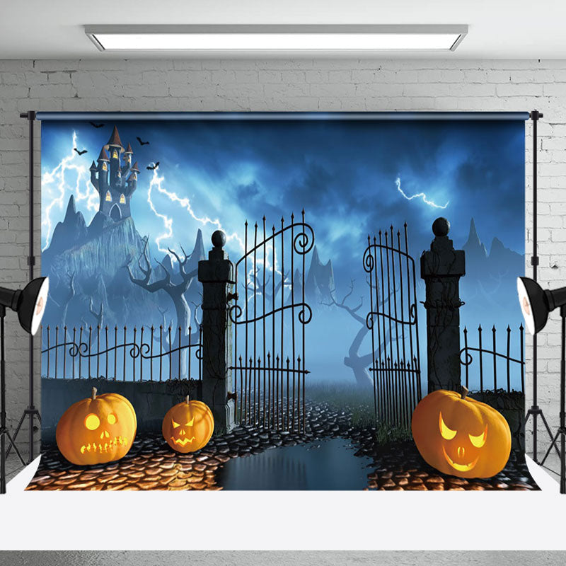 Aperturee - Dark Blue Lightning Rainy Night Manor Halloween Backdrop