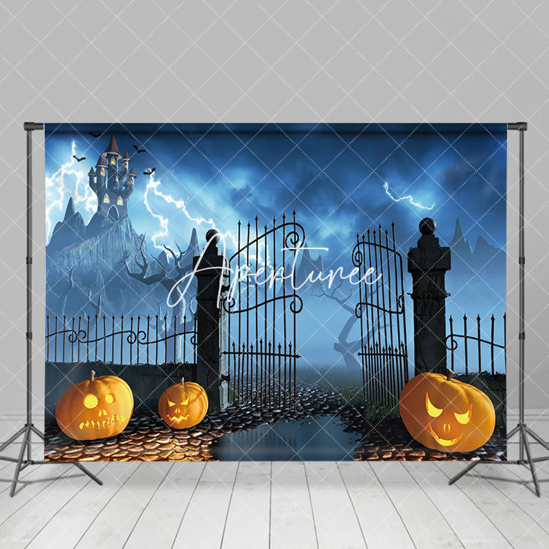 Aperturee - Dark Blue Lightning Rainy Night Manor Halloween Backdrop