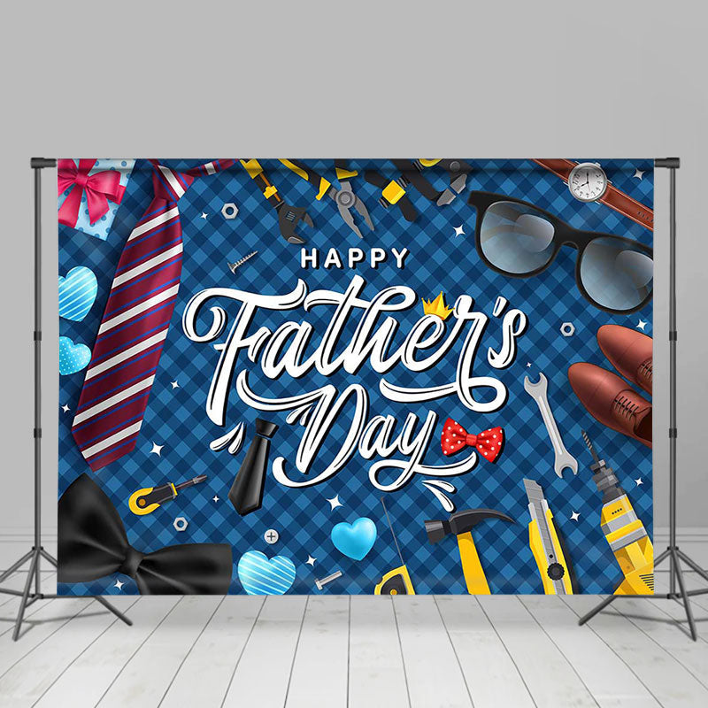 Aperturee - Dark Blue Plaid Tie Glass Heart Fathers Day Backdrop