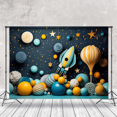 Aperturee - Dark Blue Rocket Balloons Stars Birthday Backdrop