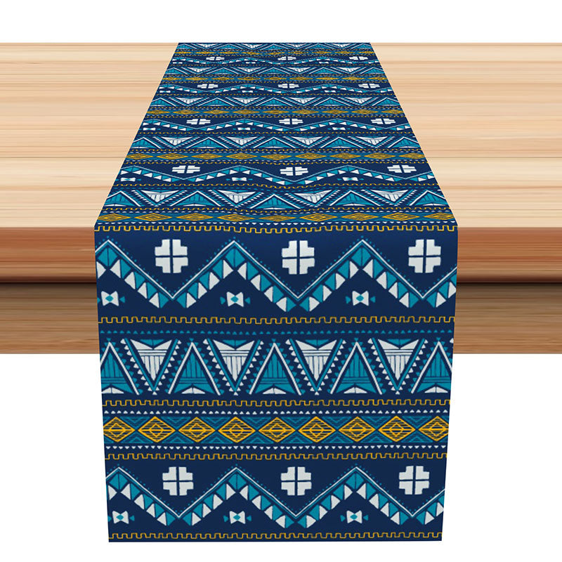 Aperturee - Dark Blue White Ethnic Pattern Fabric Table Runner