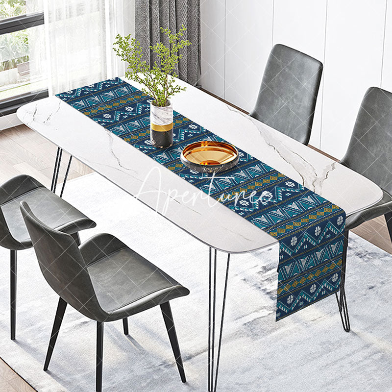 Aperturee - Dark Blue White Ethnic Pattern Fabric Table Runner