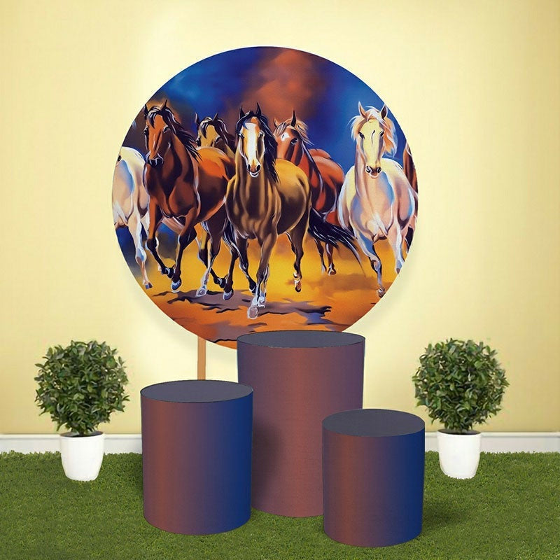 Aperturee Dark Brown Horse Round Happy Birthday Party Backdrop Kit