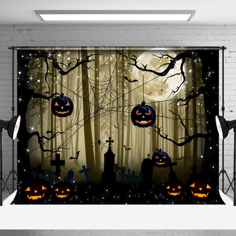 Aperturee - Dark Forest Spider Web Pumpkin Happy Halloween Backdrop