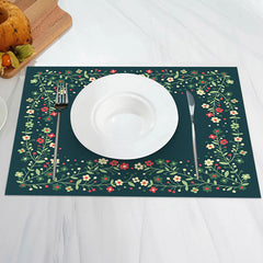 Aperturee - Dark Green Floral Leaves Vintage Set Of 4 Placemats