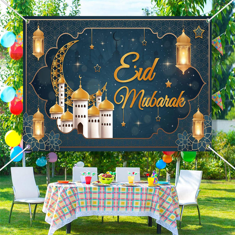 Aperturee - Dark Green Palace Moon Lantern Eid Mubarak Backdrop