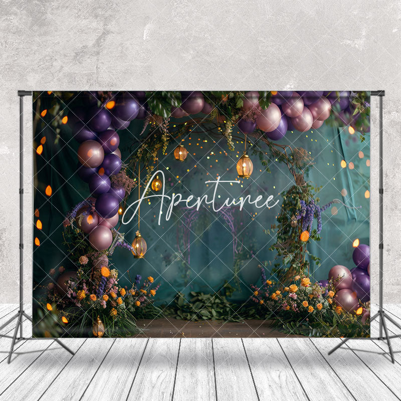 Aperturee - Dark Green Purple Balloons Plant Wedding Backdrop