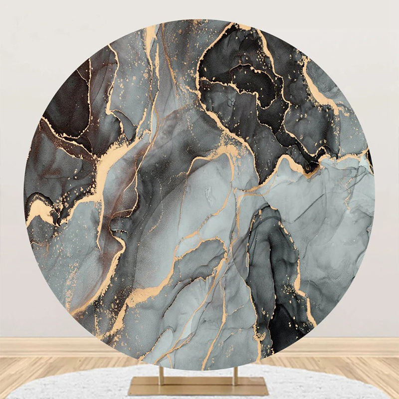 Aperturee - Dark Grey And Golden Marble Round Birthday Backdrop