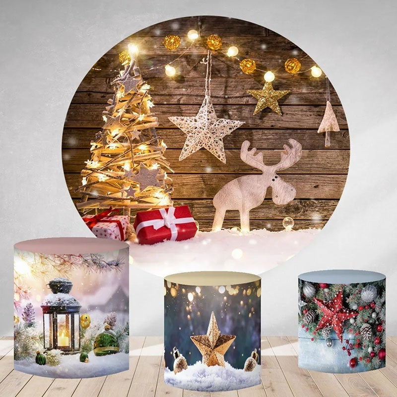 Aperturee Dark Grey Wood Light Star Trees Round Christmas Backdrop Kit