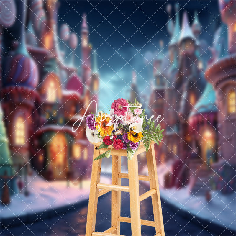 Aperturee - Dark Night Candyland Town Winter Cake Smash Backdrop