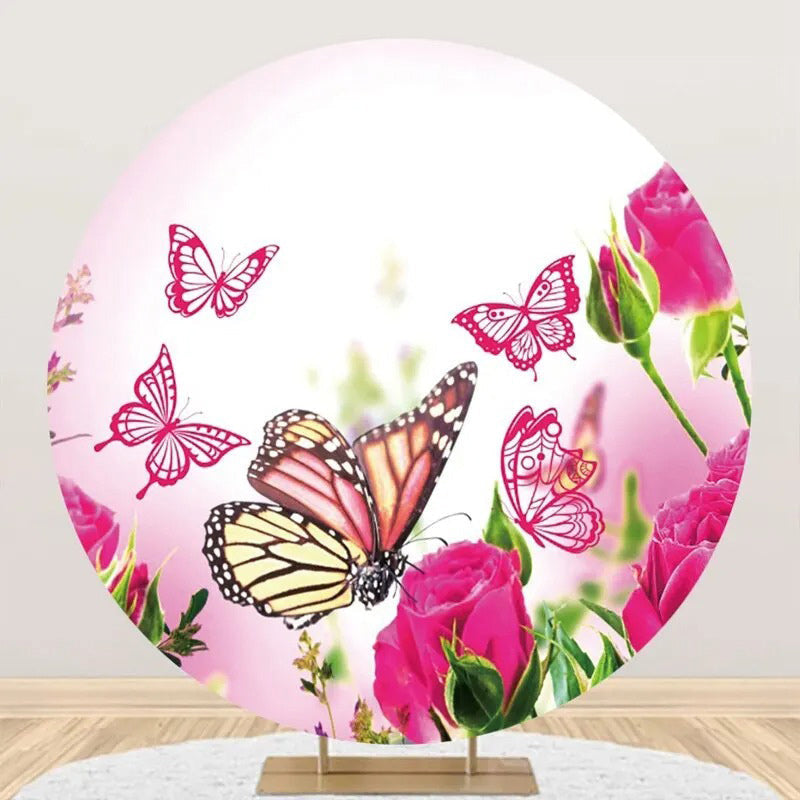 Aperturee - Dark Pink Floral Butterfly Round Birthday Backdrop