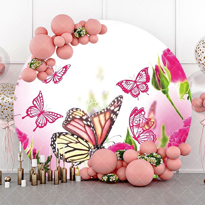 Aperturee - Dark Pink Floral Butterfly Round Birthday Backdrop